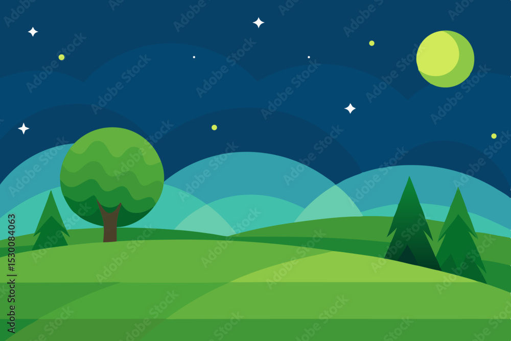 Obraz premium Beautiful Starry Night Animation Cartoon Video Background Over Green Fields Vector