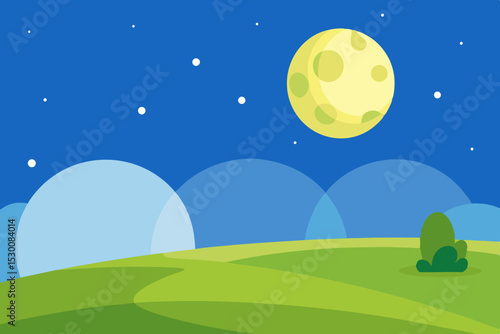 Dreamy Fantasy Cartoon Field Animation Video Background with Full Moon Vector