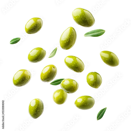 Wallpaper Mural Green olives falling on a striped background with leaves Torontodigital.ca