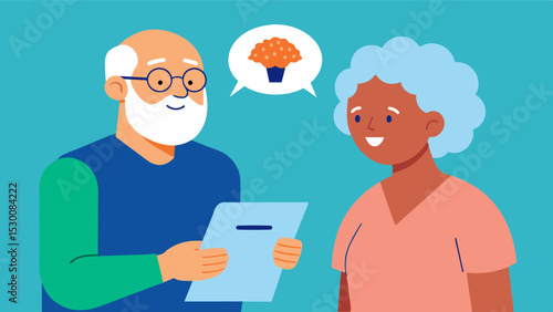 An elderly man and his inhome care nurse reviewing his medical history and discussing any preexisting conditions that may impact his brain health.. Vector illustration