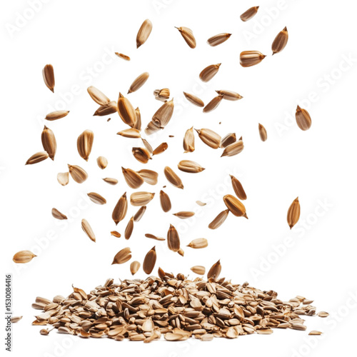 Sunflower seeds falling onto a pile against a colorful striped background