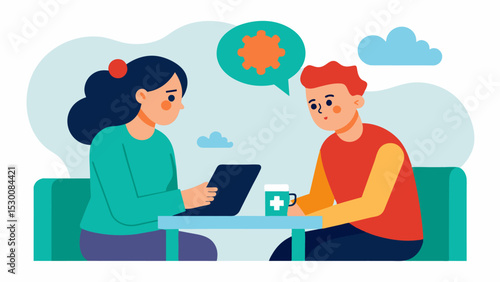 An individual living with schizophrenia alongside their caregiver attends a therapy session where they learn coping mechanisms and strengthen their bond through communication and. Vector illustration