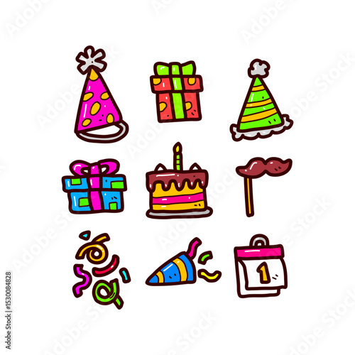 Colorful Party Icons Including Hats, Gifts, Cake, and Confetti