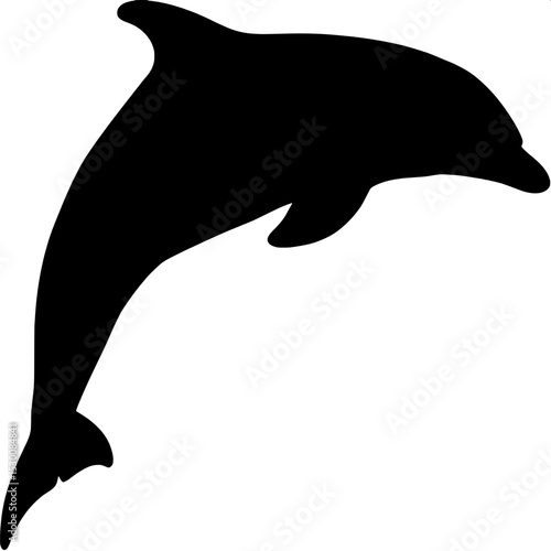 "A bold, black dolphin silhouette facing left this time, swimming in a gentle arc from bottom left to top right across a white canvas. The dolphin is rendered in simple, clean lines with no texture or