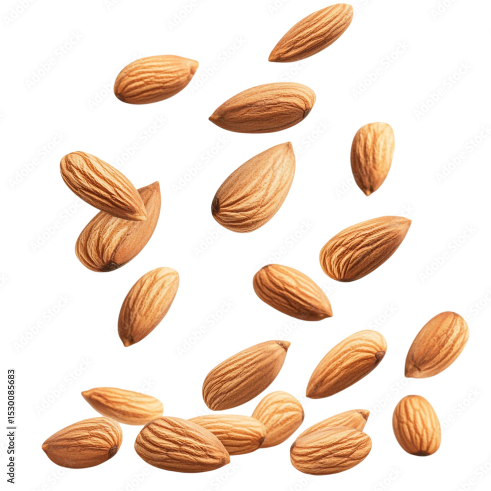 Many almonds falling against a colorful striped background Many almonds falling against a colorful striped background