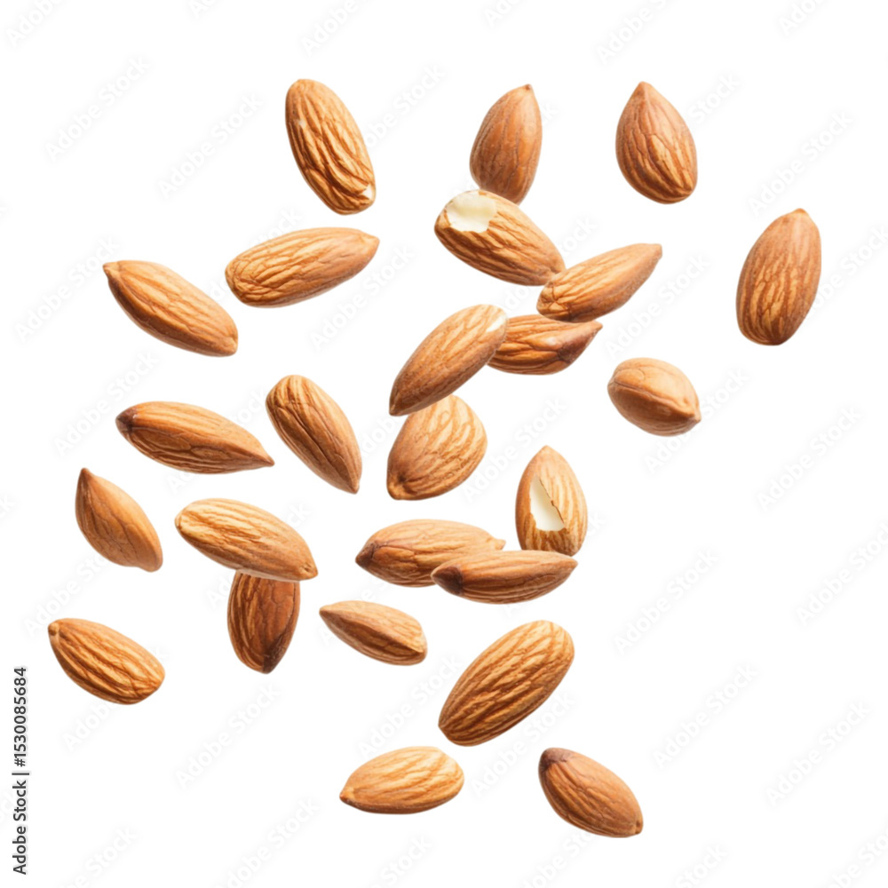 Obraz premium Almonds falling against a colorful striped background healthy snack food