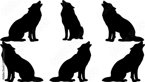 "Design a minimalist T-shirt graphic featuring five black wolf silhouettes in distinct poses, evenly spaced against a white background. Each silhouette should highlight the unique posture and profile 
