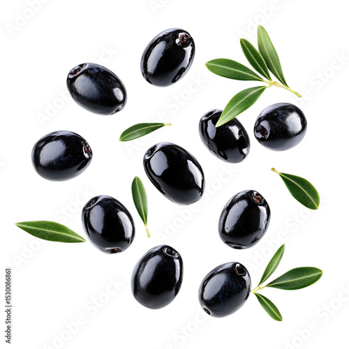 Black olives and green leaves on a striped background a food collage