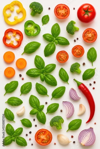 Colorful Assortment of Fresh Vegetables and Herbs on White Background