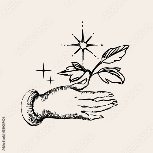 Vintage-style mystical composition with hand-drawn celestial style. 