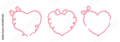 Coquette ribbon frames with bow in heart shapes. Whimsical lace borders in simple crayon and sketch style. Trendy art for bachelorette party and wedding invitations. Doodle vector illustration