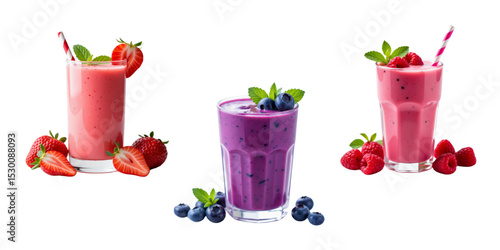 Collection of three fresh berry smoothies - strawberry, blueberry, and raspberry - isolated on a white background.
