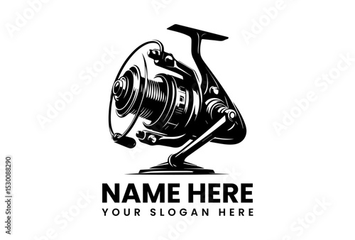 Modern black silhouette fishing reel vector logo with intricate mechanical details and clean lines  