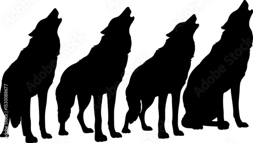 "Generate a series of five wolf profile silhouettes in a graphic, flat design style. Place them side-by-side against a stark white background, showcasing variation in posture and direction for visual 