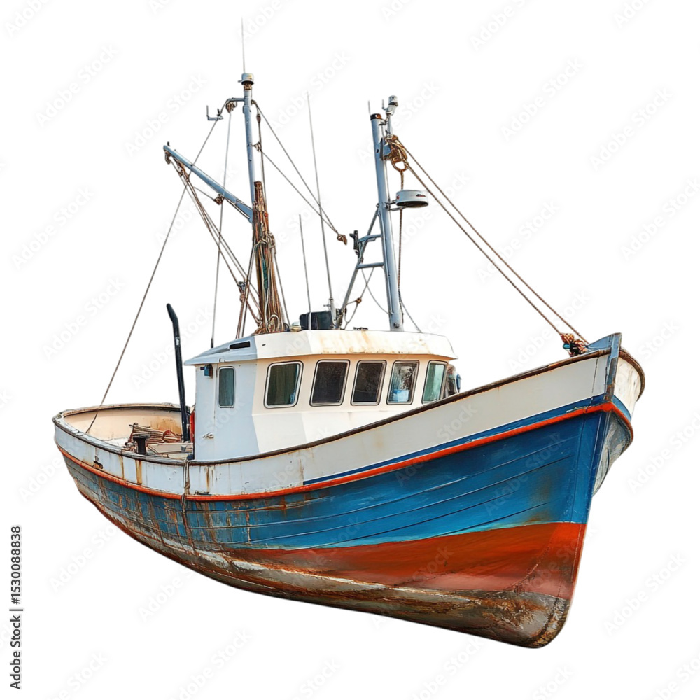 Old fishing boat weathered hull blue red paint nautical vessel seafaring life ocean transport maritime industry Old fishing boat weathered hull blue red paint nautical vessel seafaring life ocean transport maritime industry