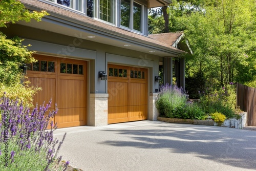 Wallpaper Mural Concrete Driveways. Exterior of House with Covered Parking and Wooden Garage Doors Torontodigital.ca