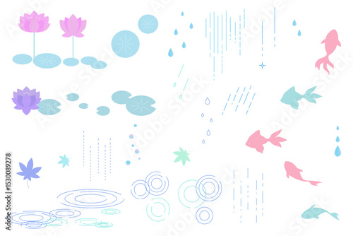 雨と花と蓮のシンプルなあしらいのイラストセット