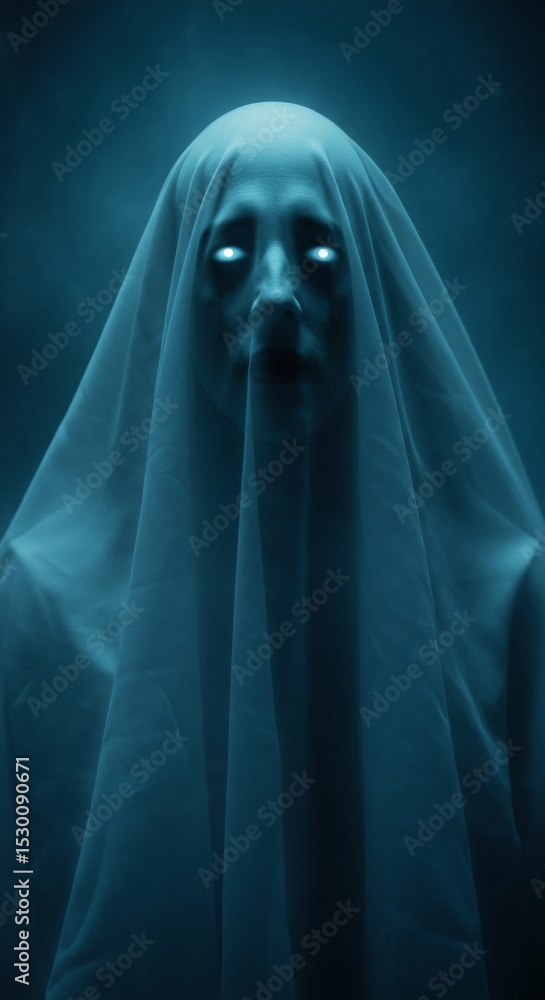 Spooky Halloween ghost woman with glowing eyes emerging from darkness, shrouded in white with a dark, eerie atmosphere. Spooky Halloween ghost woman with glowing eyes emerging from darkness, shrouded in white with a dark, eerie atmosphere.