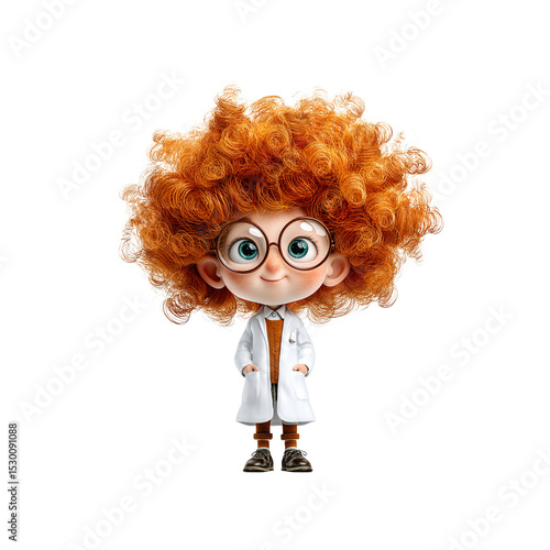 Adorable Cartoon Scientist Child with Big Curly Hair