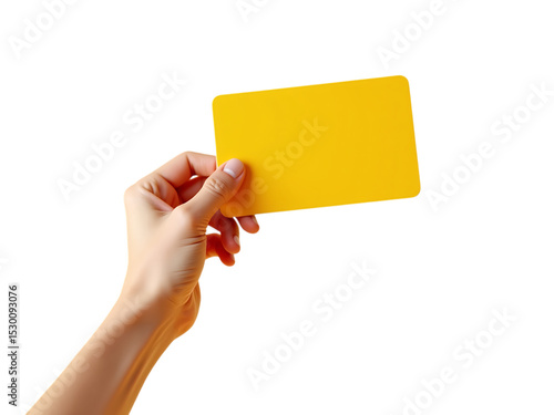 Hand holding light yellow card, solid white background, soft studio lighting,office,greeting,finger