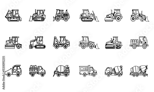 Construction Vehicle Line Icons – Vector Pictograms of Bulldozer, Loader, Grader, Paver, Black Silhouette illustrations