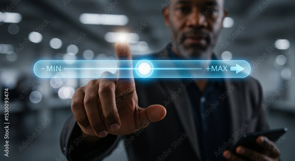 Businessman adjusting a futuristic digital slider from minimum to maximum. Concept of performance, control, optimization, or user interface in a modern tech environment Businessman adjusting a futuristic digital slider from minimum to maximum. Concept of performance, control, optimization, or user interface in a modern tech environment