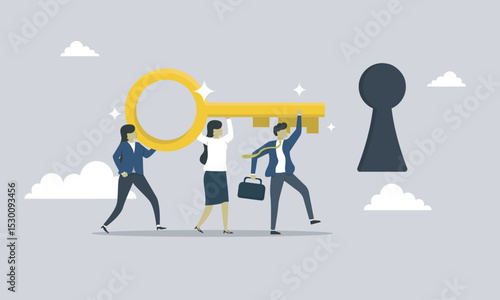 Group people bring the key of success, key to success, open the success, reach the success, business person reach the opportunity to become success in business industry, teamwork help company achieve.