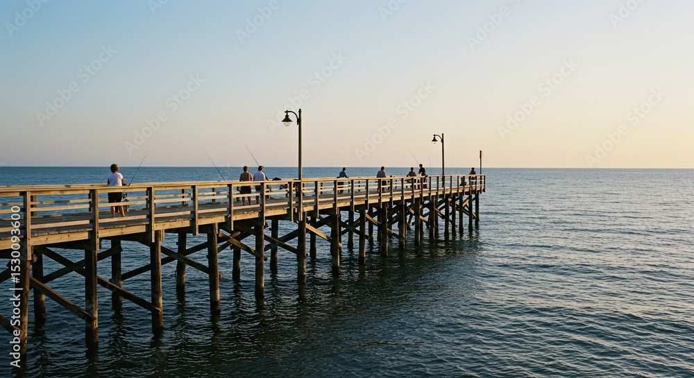 People fishing from a wooden pier extending into calm ocean water at sunset People fishing from a wooden pier extending into calm ocean water at sunset