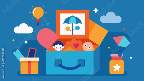 An illustration of a memory box containing childhood toys drawings and photos. This box represents the importance of reminiscing on happy memories from childhood and the positive. Vector illustration