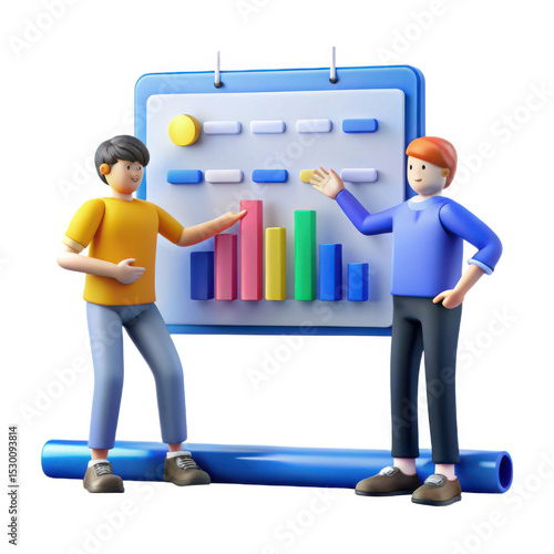 3d cartoon characters analyzing colorful bar chart isolated on white background