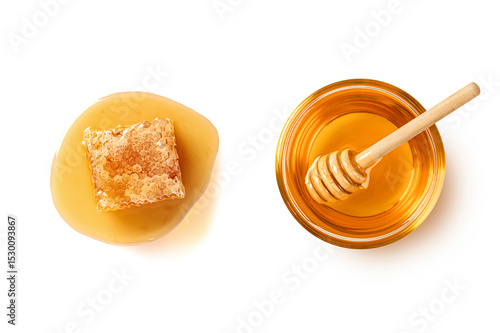 Honey in a glass bowl with honeycomb isolated on white background. Top view