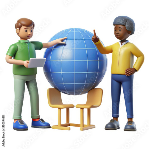 3d cartoon characters presenting a globe isolated on white background