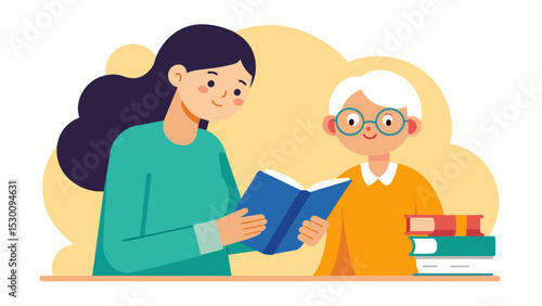 A woman visits her grandmother who lives alone and loves to read. After helping her grandmother use a magnifying glass to finish a chapter the granddaughter is inspired to donate a. Vector