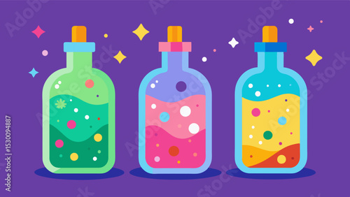 Sensory Bottles Colorful bottles filled with glitter and small objects offering visual stimulation calming effects and encouraging focus.. Vector illustration