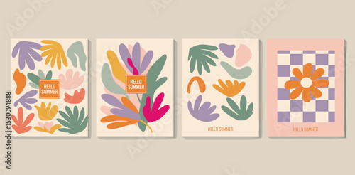 Creative concept of spring summer cards set with abstract leaves, plants, flowers. Modern art minimalist style design templates for celebration, ads, branding, banner, cover, label, poster, print