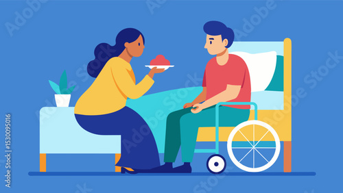 A woman in a wheelchair sat by her husbands hospital bed her loving gaze never leaving his face as she helped him eat his lunch.. Vector illustration