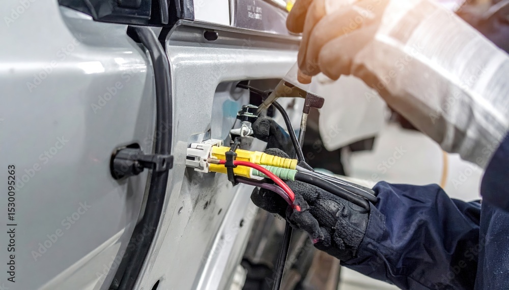 Technician skillfully connects wiring system inside of vehicle door panel precisely Technician skillfully connects wiring system inside of vehicle door panel precisely