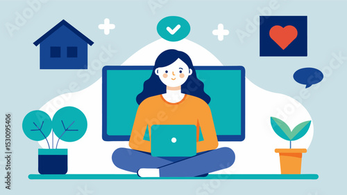 A woman attending a therapy session through a telehealth video call allowing her to receive mental health support from the comfort of her own home.. Vector illustration