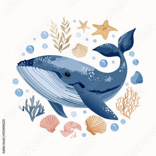 Watercolor illustration of Whale surrounded by corals, seaweed, shells, and bubbles. Drawing of marine animal for childish nursery posters or wall art. Art for baby greeting cards or invitations