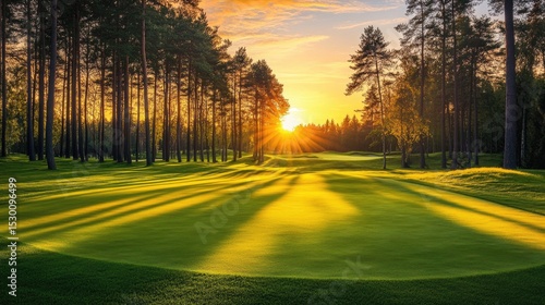 Deep orange sun descending behind a forest-lined fairway with trimmed grass