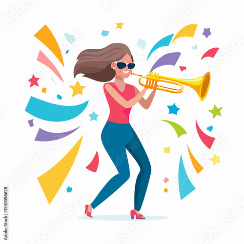 Cartoon vector of a funky trumpet player wearing sunglasses and a bright outfit, dancing while playing, with party energy and dynamic shapes