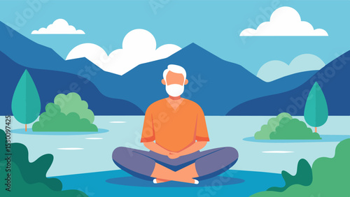 An elderly man sits by a lake surrounded by nature as he practices a walking meditation. His movements are slow and deliberate and his mind is fully present in the moment away from. Vector