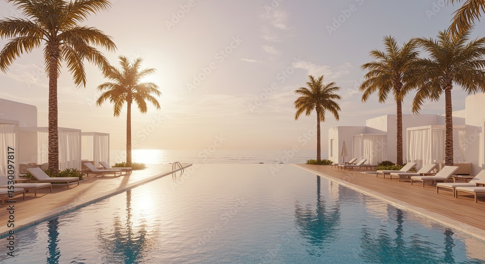 Luxurious beachfront resort with an infinity pool overlooking the serene ocean at sunset Luxurious beachfront resort with an infinity pool overlooking the serene ocean at sunset