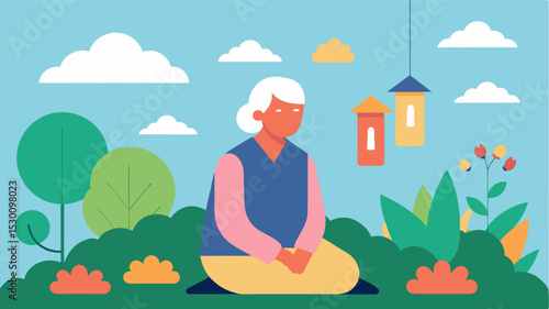An elderly woman sitting in her garden surrounded by wind chimes that she enjoys listening to stimulating her sense of hearing and providing a peaceful atmosphere.. Vector illustration