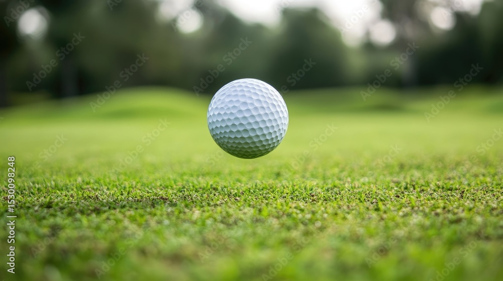 Obraz premium Golf ball mid-flight captured over lush fairway during an intense game moment