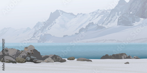 Seashore landscape in winter season have mountain ranges and dusk sky background graphic illustration.