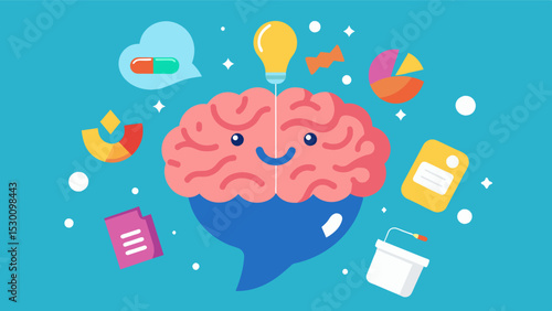 An illustration of a brain with different characters and objects popping out of it representing the enhanced creativity and imagination stimulated by interactive storytelling apps.. Vector