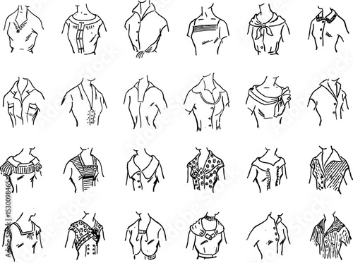Vintage Women’s dress Collar, Neckline, Lapel and Bodice Design Set – Retro Hand Drawn Female Upper Garment Styles, Blouse Yokes, Tunic Fronts, Dress Tops and Fashion Illustration Templates