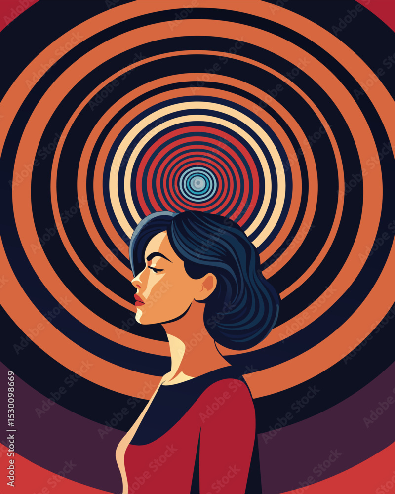 As she stared into the hypnotic spiral her mind felt like it was being pulled into a vortex of brainwashing unable to escape.. Vector illustration As she stared into the hypnotic spiral her mind felt like it was being pulled into a vortex of brainwashing unable to escape.. Vector illustration