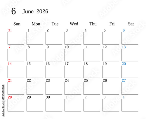 2026年6月、日本のカレンダー